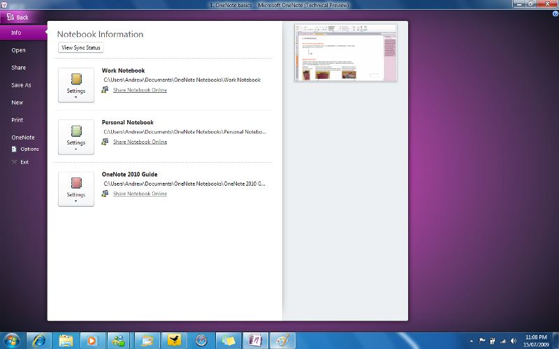 OneNote 2010 Backstage